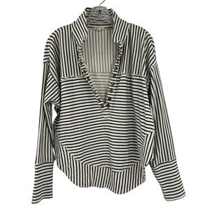 Pilcro Black and White Striped Pullover Henley Top
